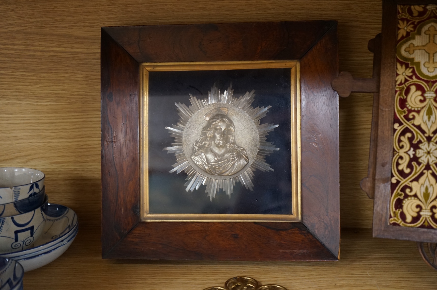 A group of Christian icons including a 19th century Portuguese Gothic revival carved walnut case containing an image of the immaculate heart of Mary, (5), Provenance - John Henry Bickersteth (1825-1906), former Bishop of